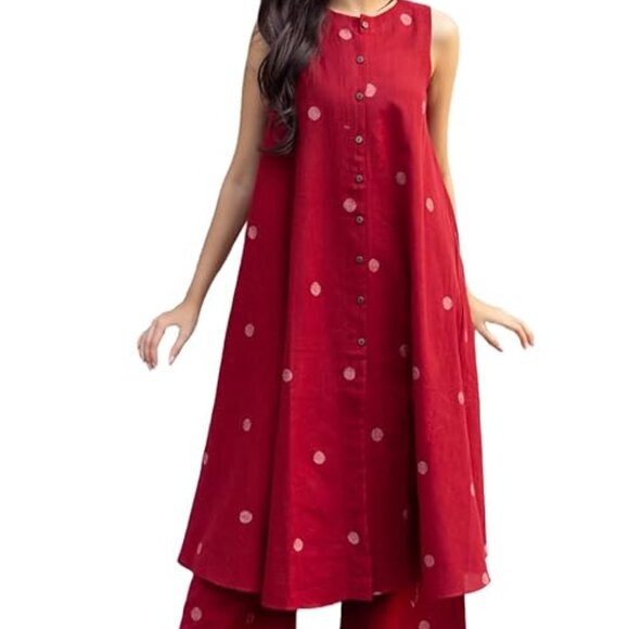 Printed Maroon Hand-Print Kurta Set|A-Line Kurta With Palazzo - Picture 1 of 5